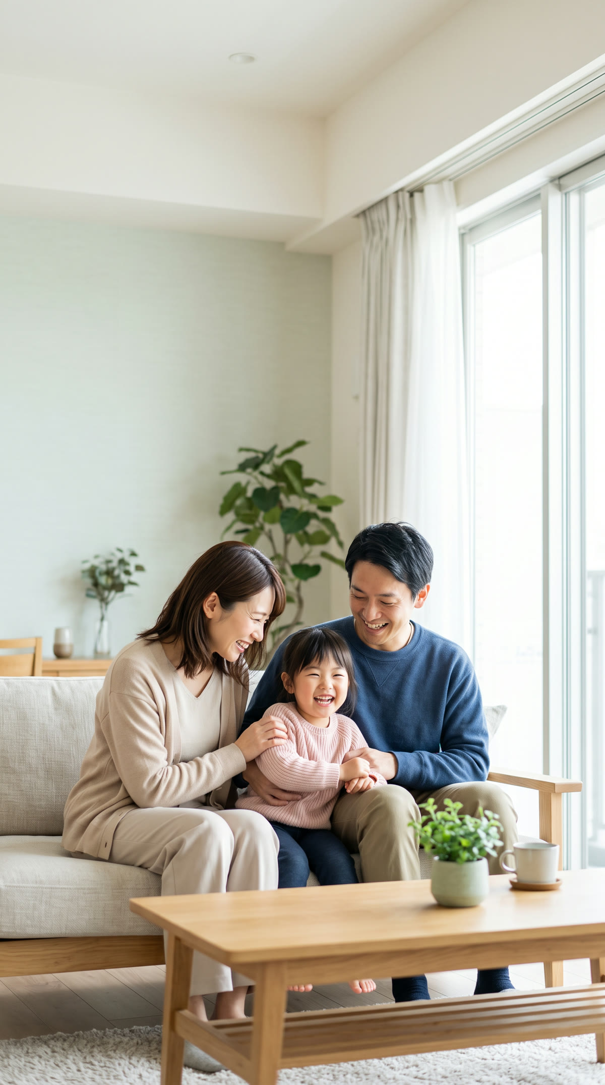 窓辺のソファで笑い合う家族