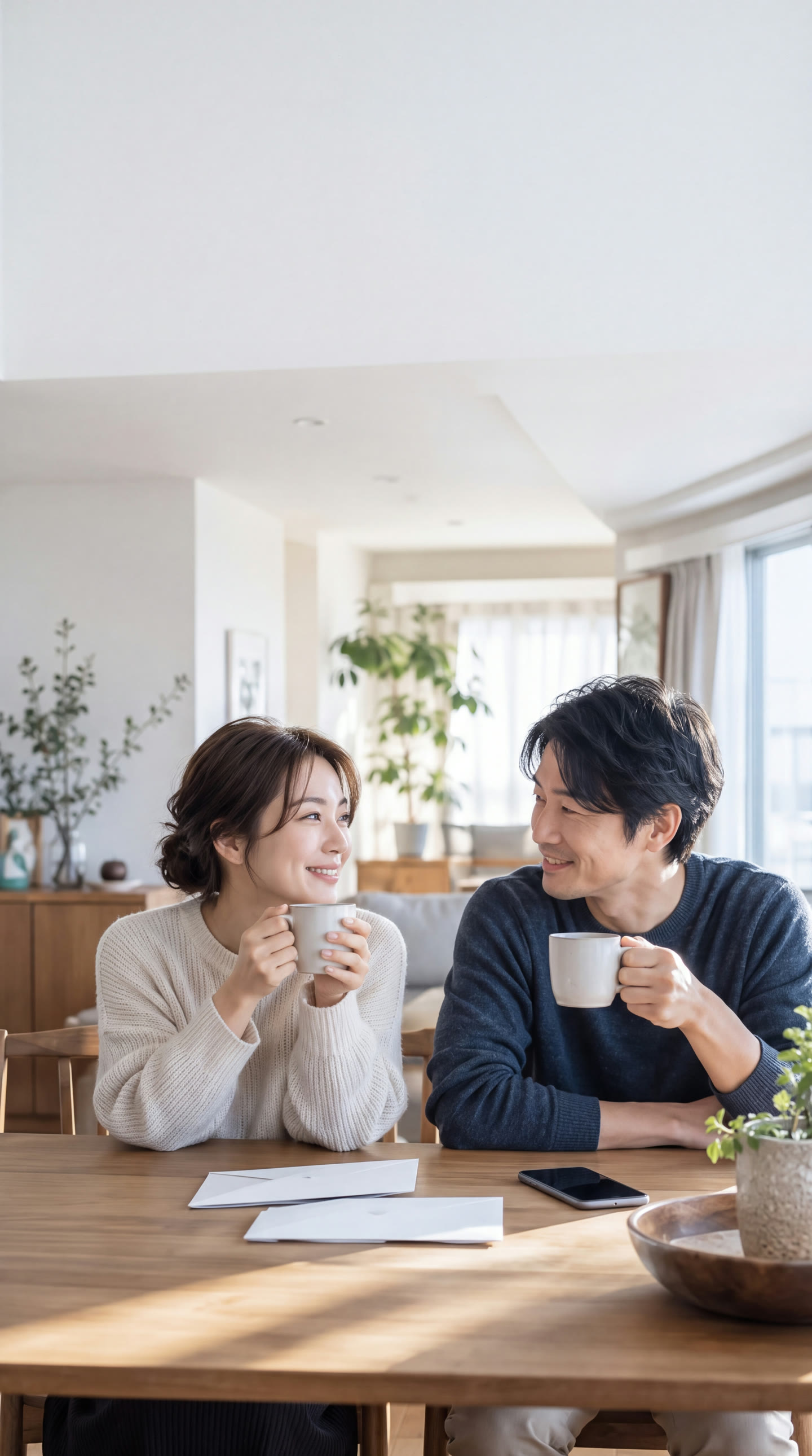 明るいダイニングでコーヒーを手に見つめ合う夫婦